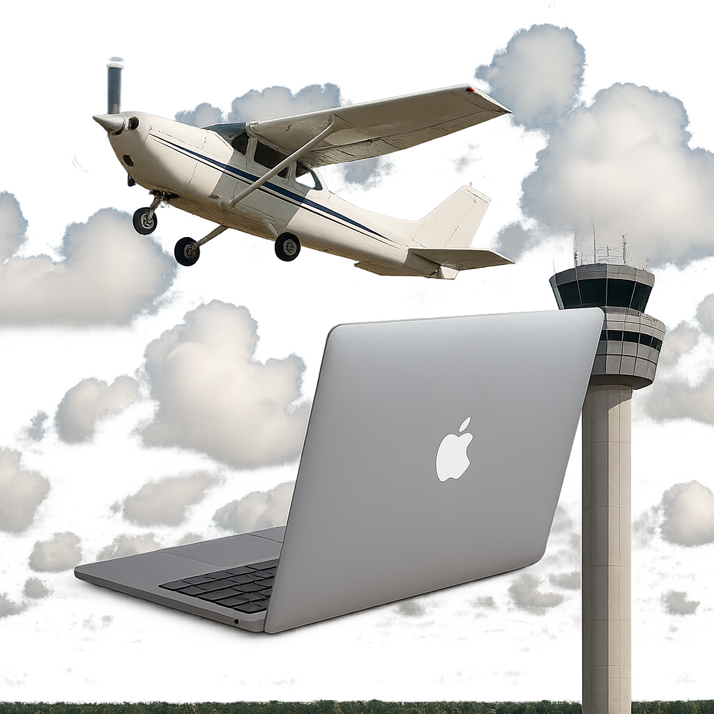Airplane, laptop, and ATC